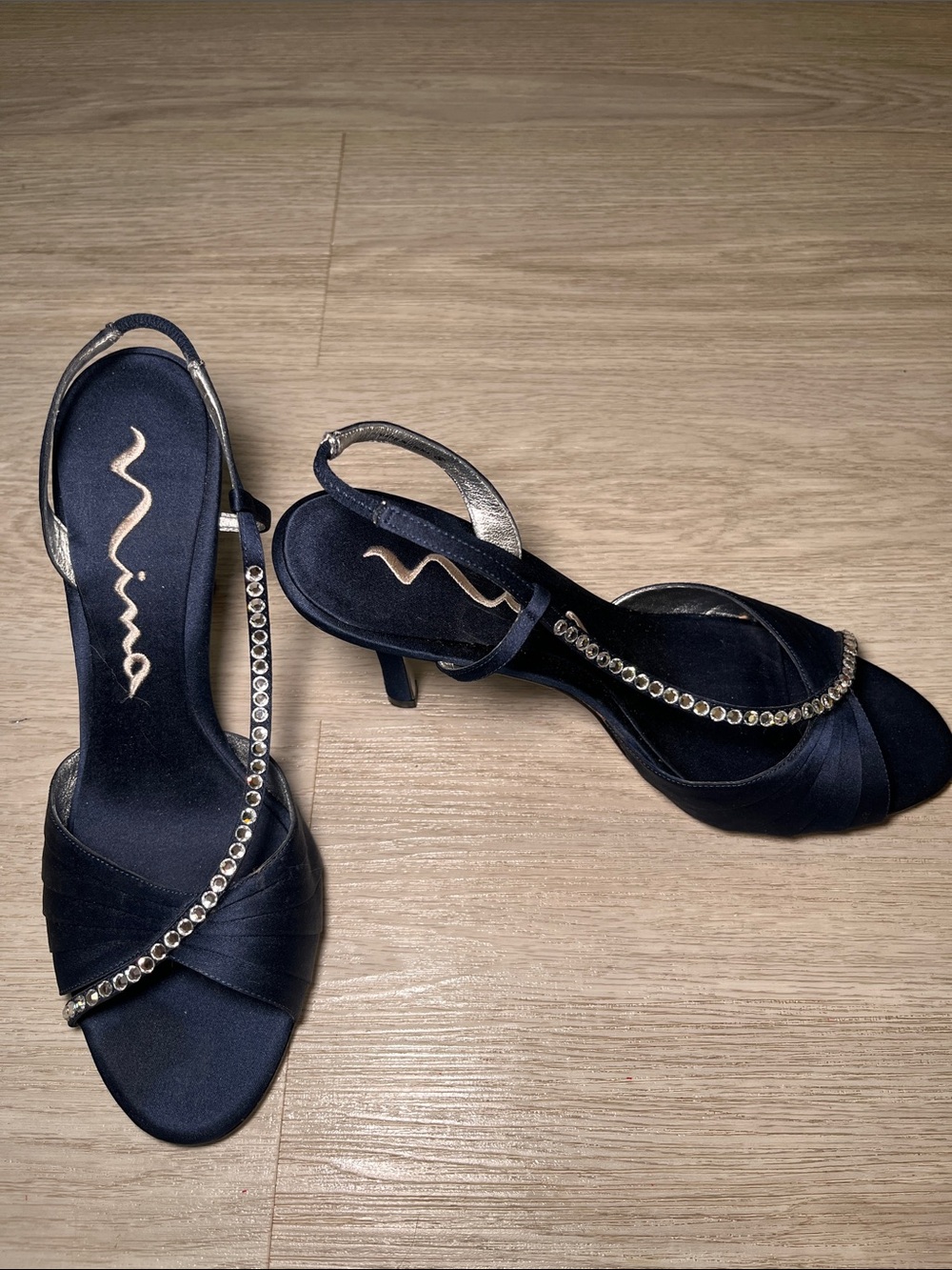 Nina Navy Satin Slingback Leather Heels with Silver Rhinestone Strap 9.5